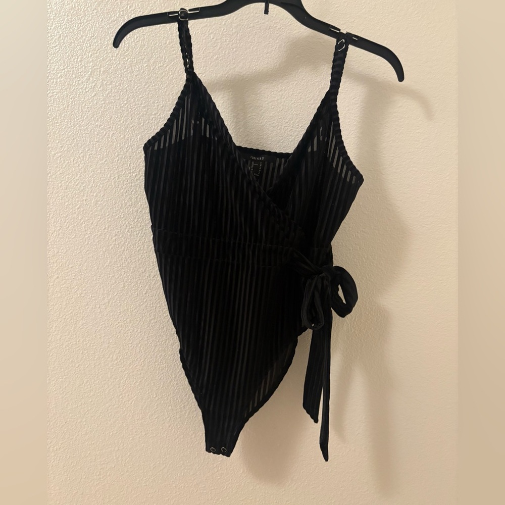Forever 21 Black Pinstripe Wrap Bodysuit